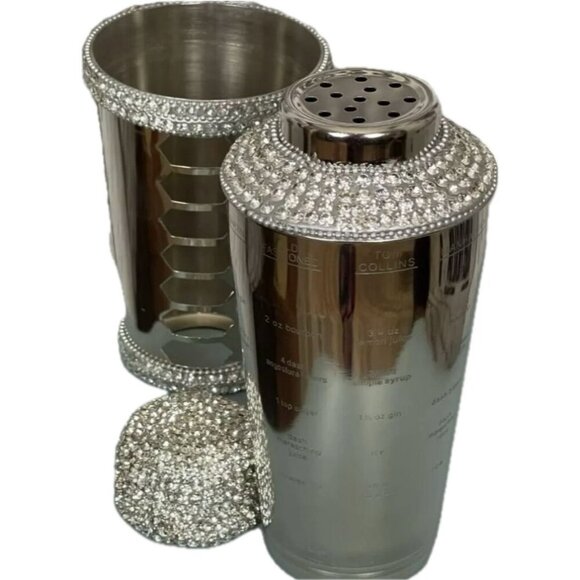 Global Experts Nickel Metal Bling Accent Cocktail Shaker W/ Etched Drink Recipes - Picture 3 of 3